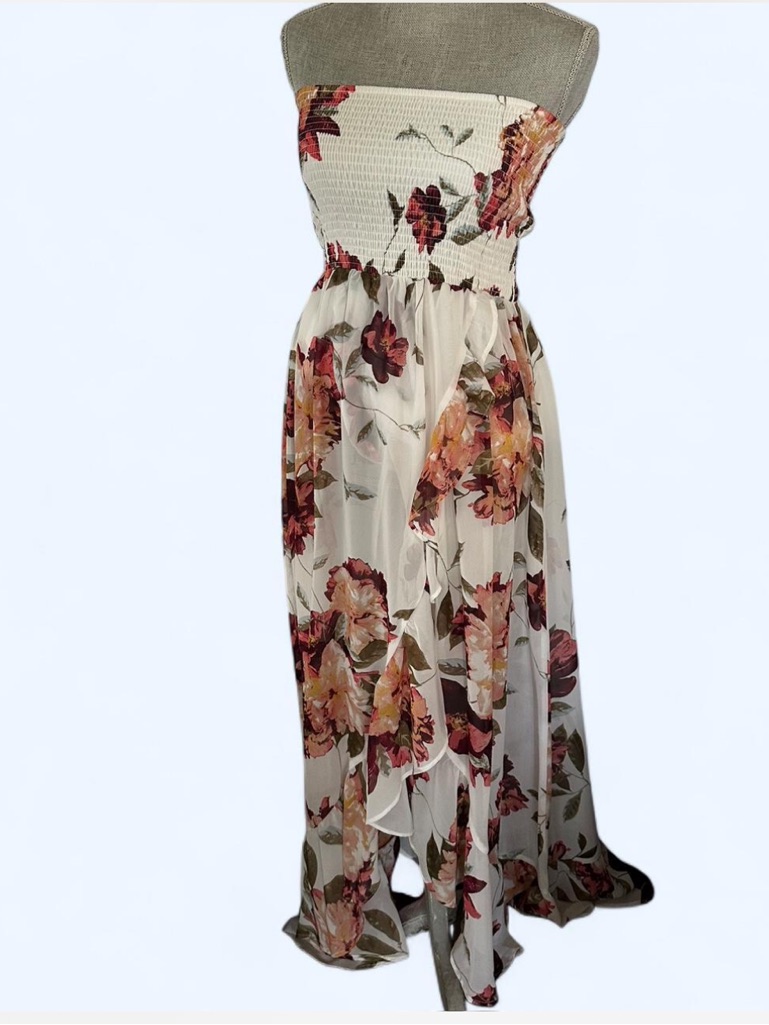 Venus Strapless Floral Maxi Dress In Cream And Burgundy
